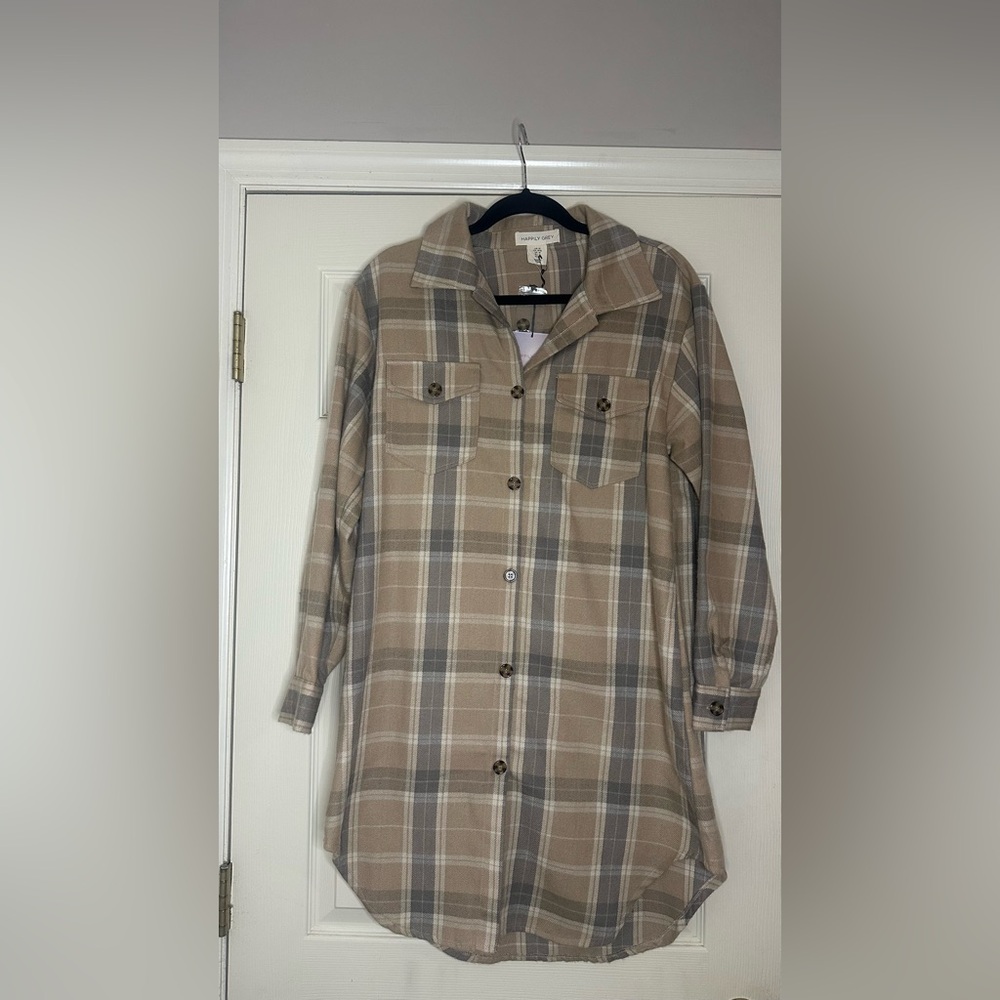 Happy Gate Beige Plaid Long Sleeve Tunic